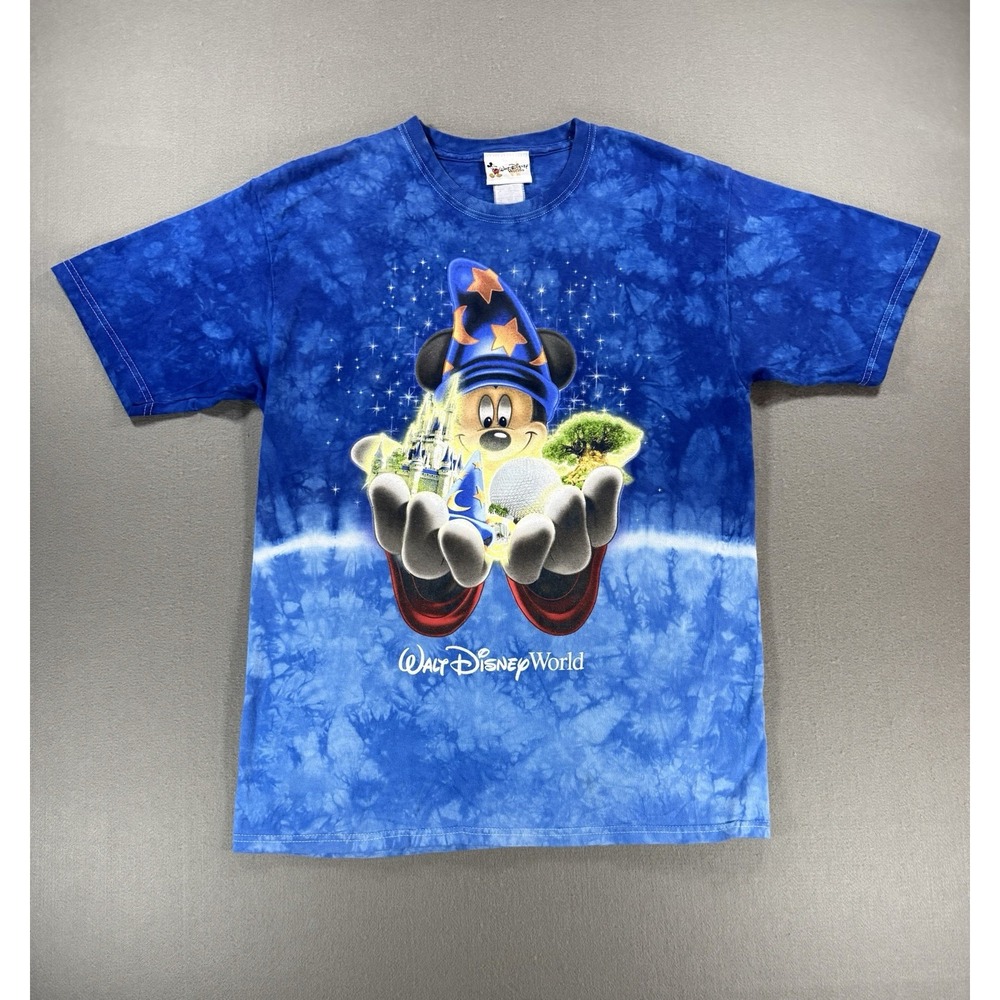 Vintage Walt Disney World Sorcerer Mickey Mouse Blue Tie Dye T Shirt